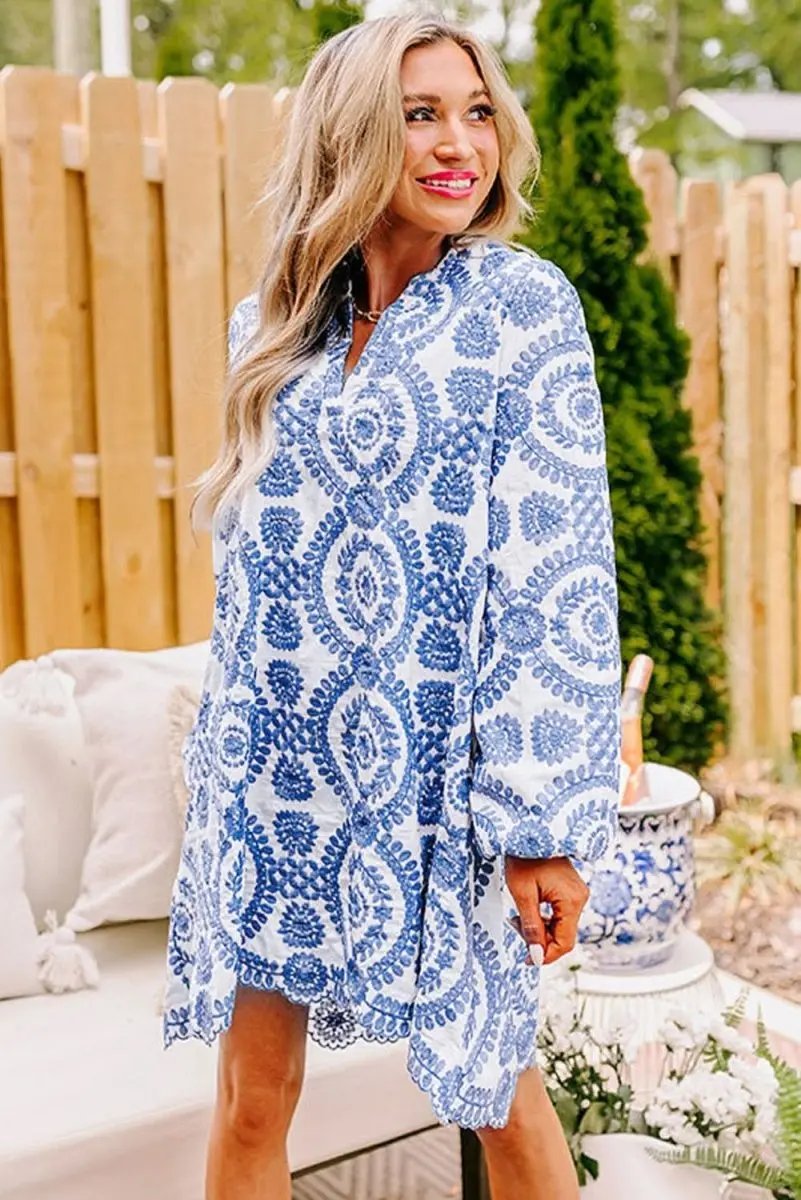 Blue Boho Floral Embroidered Notch V Neck Shift Mini Dress - Love Salve